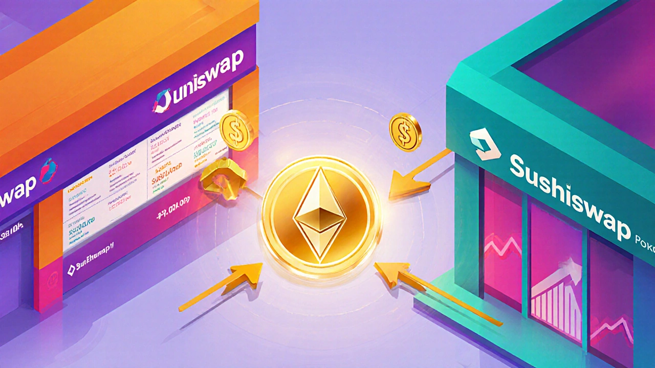 Diagramm zeigt Flash‑Loan‑Arbitrage zwischen Uniswap und SushiSwap mit Token‑Flüssen.
