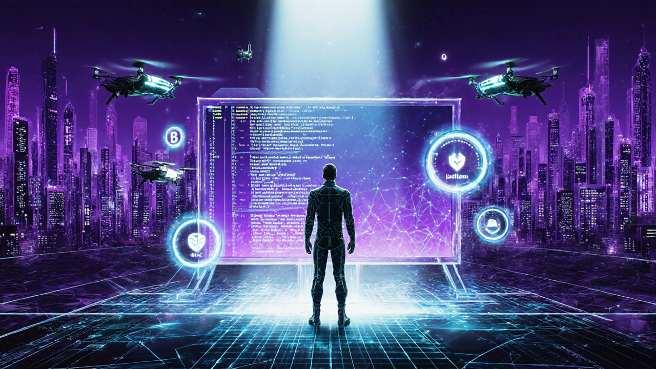 Entwickler testet Flash‑Loan‑Contract im Test‑Net, umgeben von Sicherheits‑Symbolen.