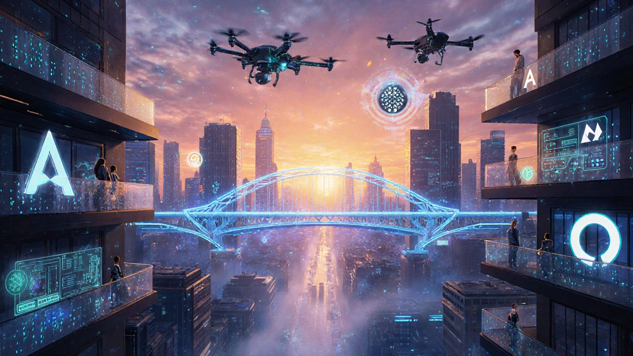 Futuristische Stadt mit Blockchain‑Knoten, DeFi‑Logos und Nutzern, die Yield‑Farming beobachten.