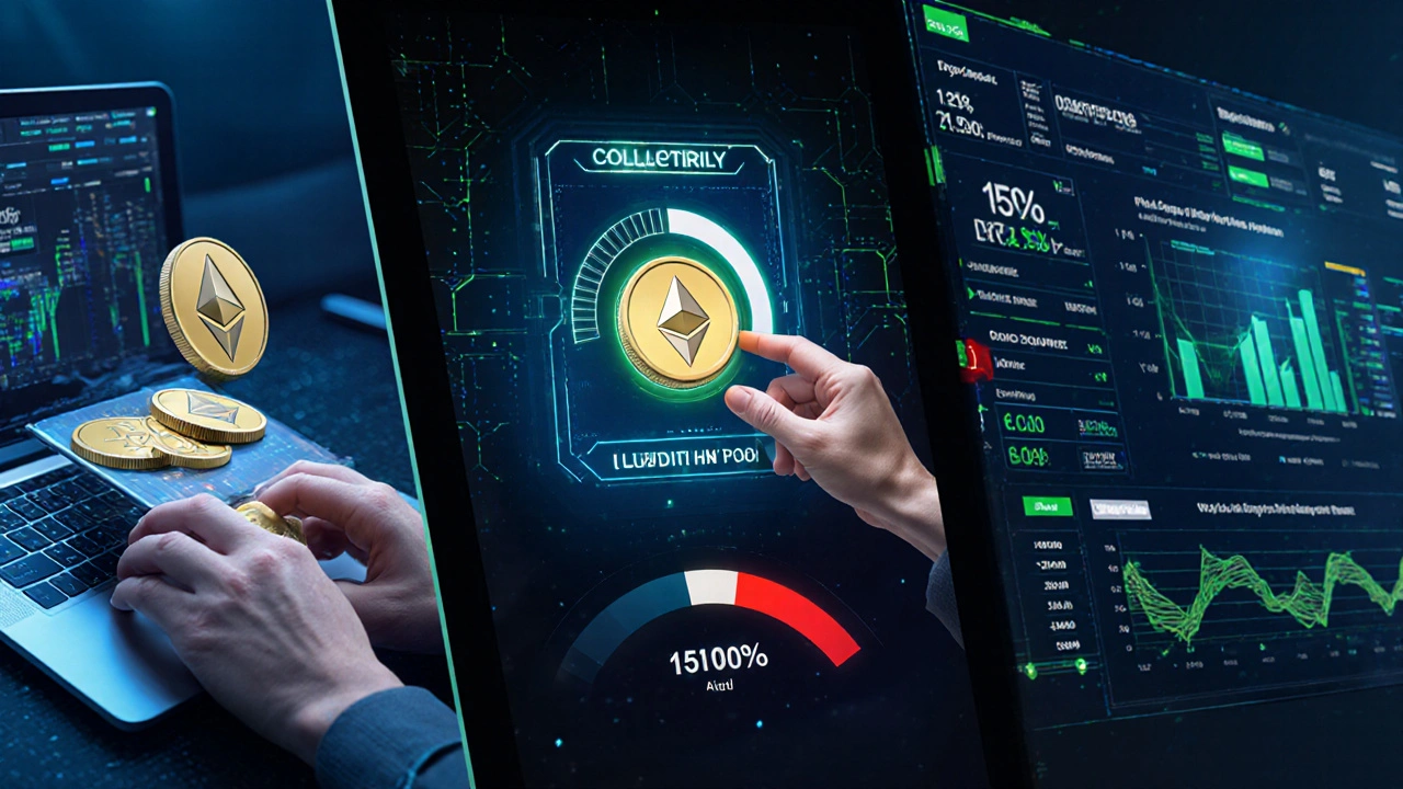 Split‑Screen mit Wallet‑Einzahlung, Collateral‑Sperre, Zins‑Dashboard und automatischer Liquidation.