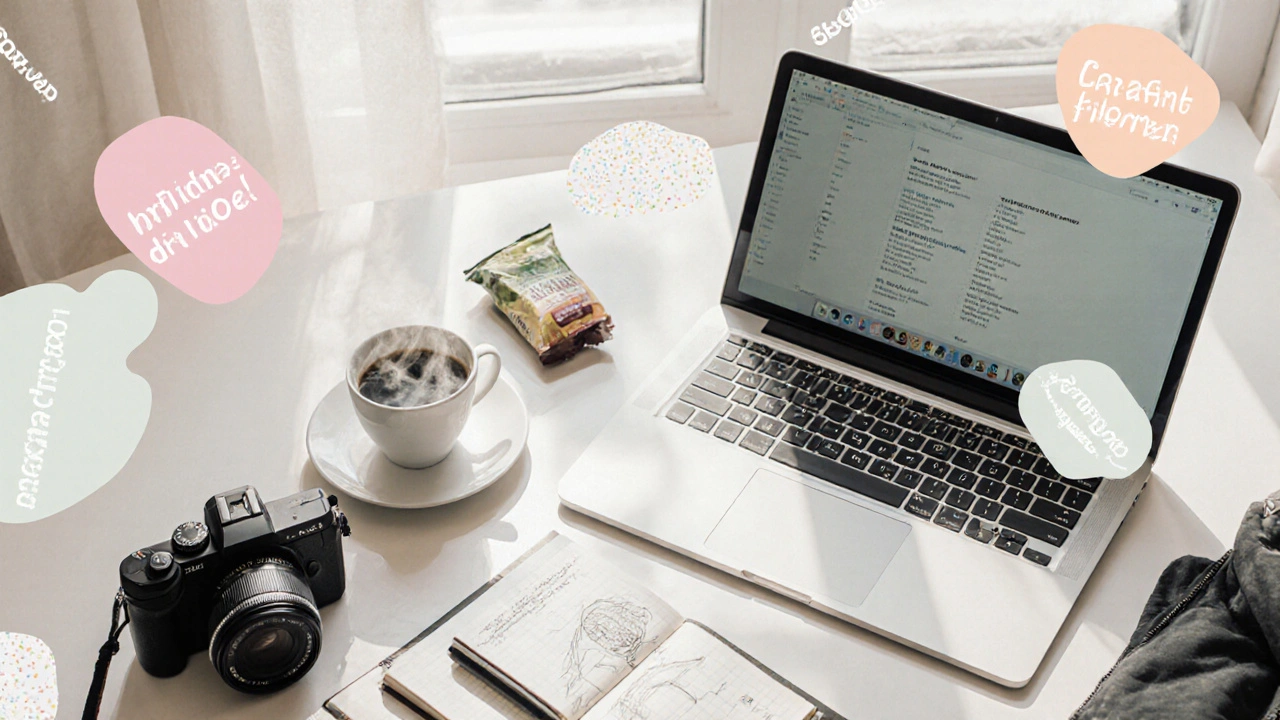 Arbeitsplatz mit Laptop, Kamera, Notizbuch und Produkttests als Symbol für Monetarisierung.