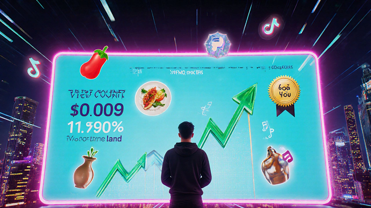 Creator feiert steigende TikTok‑Statistiken auf großem Analyse‑Display.