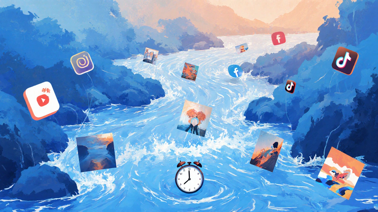 Digital river of social media content flowing with fresh posts ahead and fading ones behind, clock symbol in current.