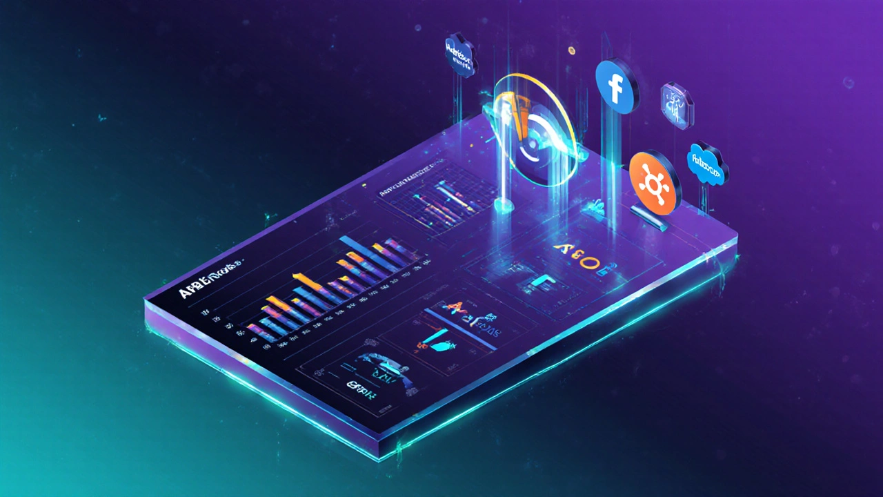 Digitales Dashboard zeigt A/B‑Tests, CPL‑ und ROAS‑Kennzahlen, Leads fließen von Facebook in CRM‑Icons.