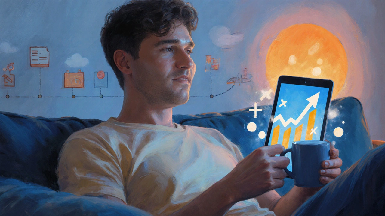 Entspannter Nutzer auf Sofa, Tablet zeigt wachsende Engagement‑Symbole, Hintergrund mit Zeitstrahl.