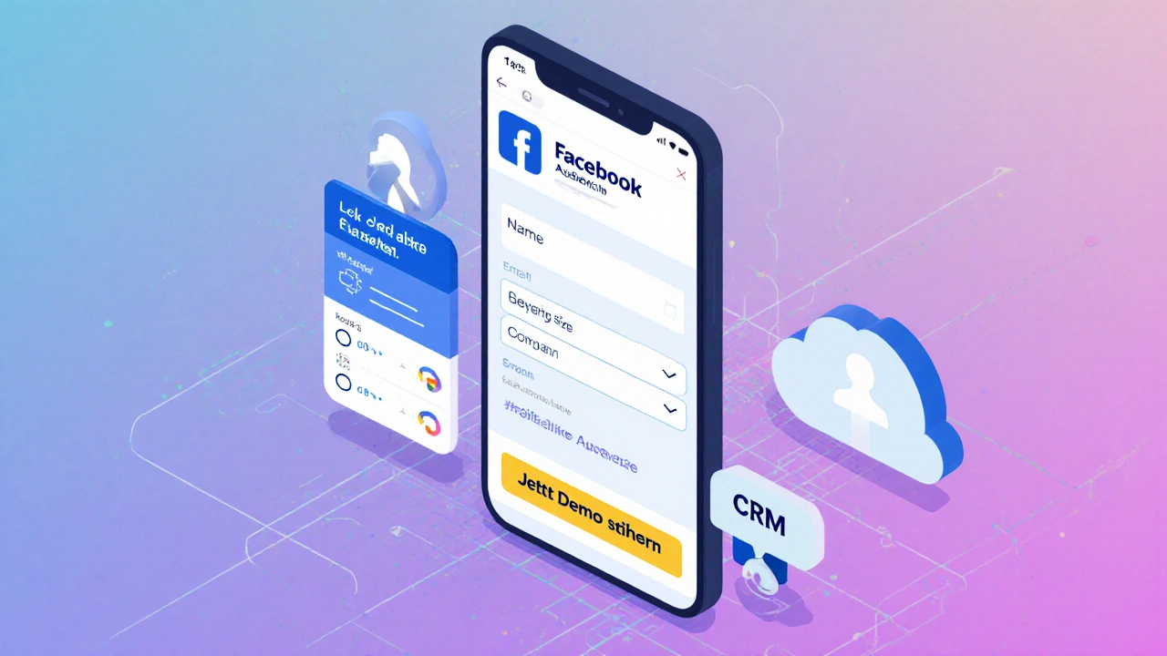 Facebook‑Lead‑Ad auf Handy‑Bildschirm mit kleinem Formular, CTA‑Button und Symbolen für Custom‑ und Lookalike‑Zielgruppen.