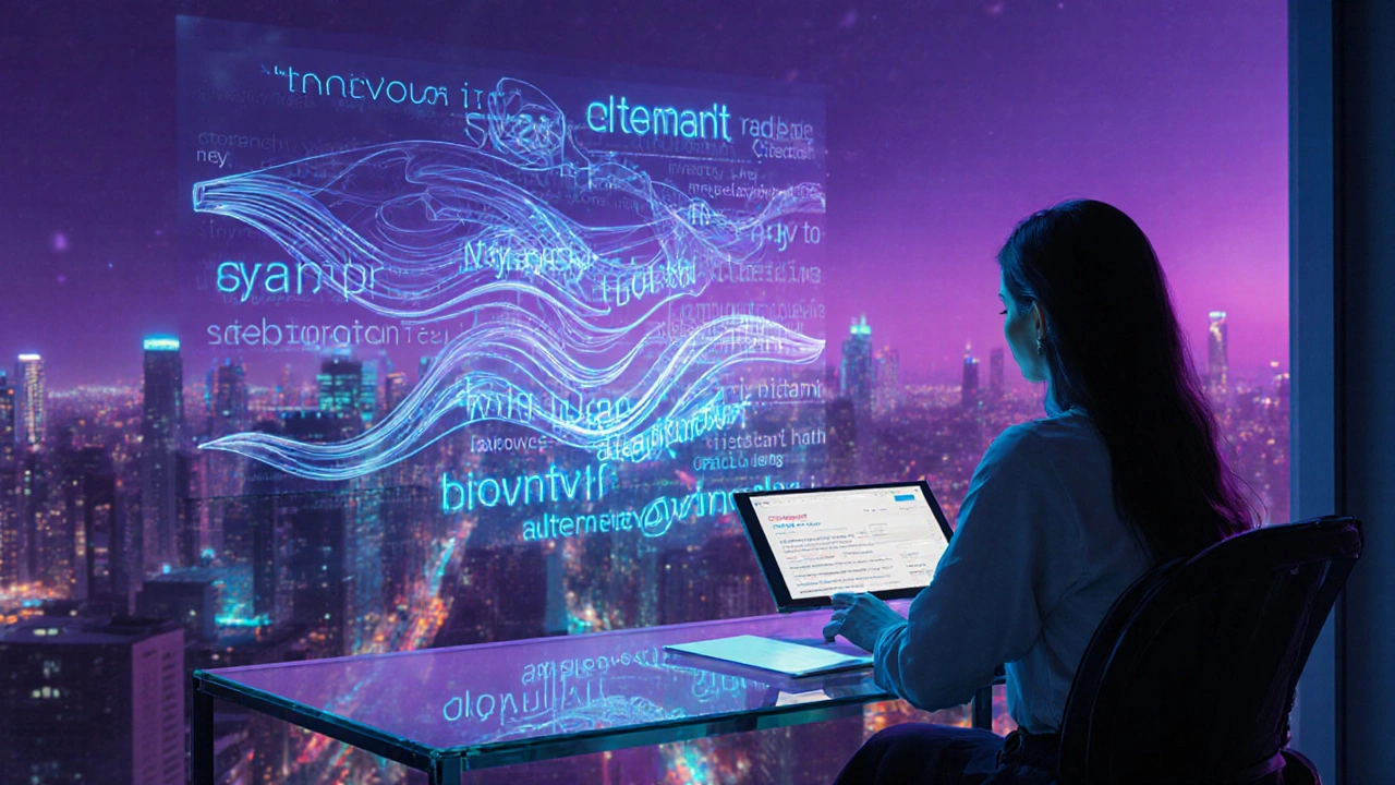 Futuristisches Influencer‑Studio mit holografischer KI, die Blog‑Texte erzeugt.