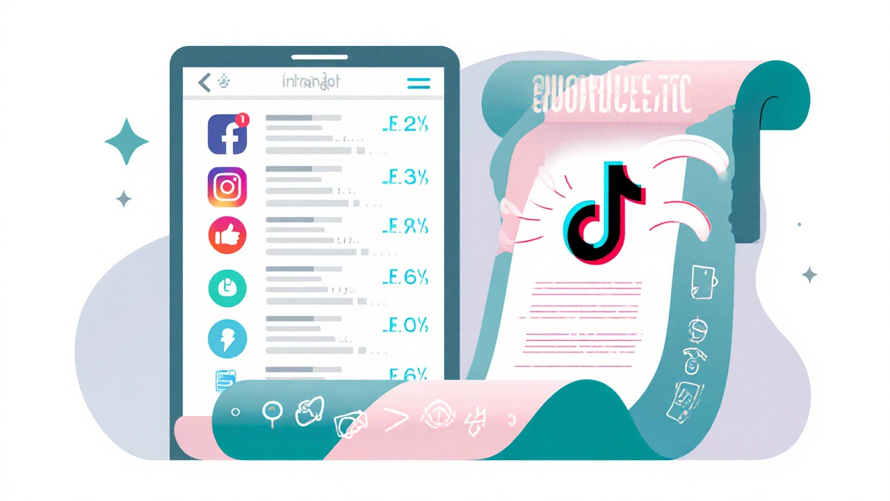 Geteilte Ansicht: Instagram‑Engagement‑Statistik, TikTok‑Video‑Vorschau, offener Vertrag.