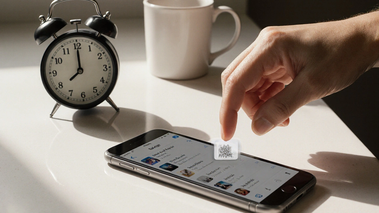 Hand löscht Social-Media-Apps vom Smartphone auf der Küchenbank, Wecker und Glas Wasser daneben.