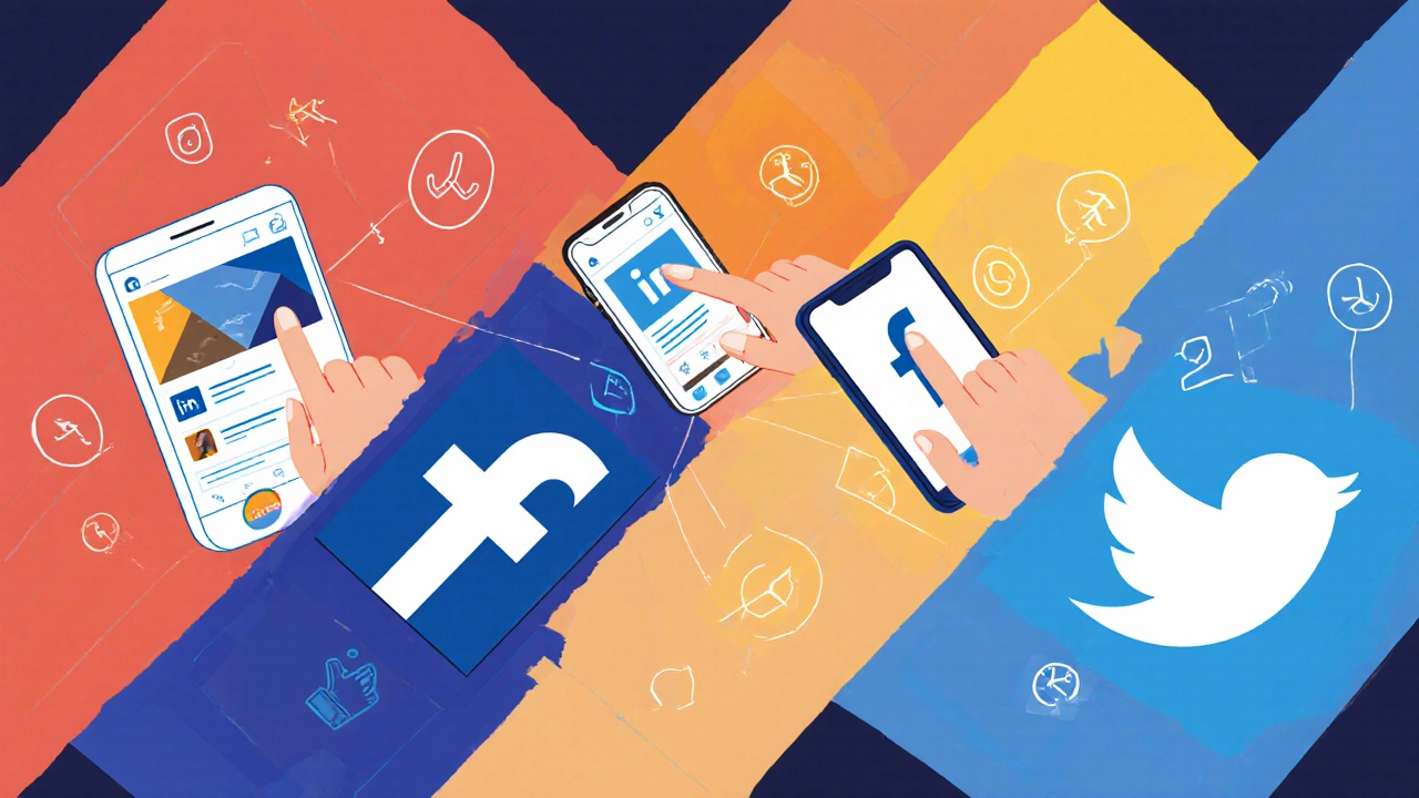 Illustration mit vier Panels, die Instagram, Facebook, LinkedIn und Twitter zeigen, jemand postet und interagiert.