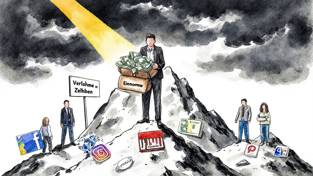 Influencer mit mehreren Einkommensquellen auf einem Berg aus Social-Media-Icons.