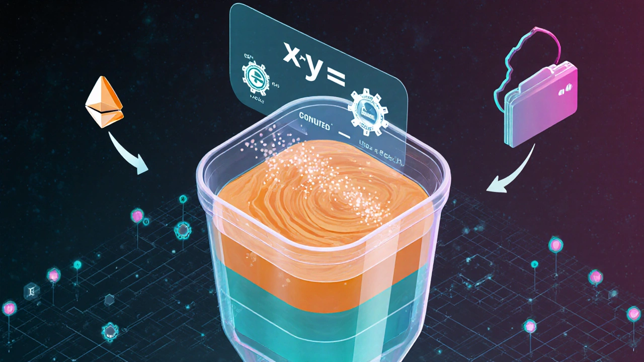 Isometrische Darstellung eines Smart‑Contract‑Ablaufs mit Liquiditätspool, Formel x·y = k, Gas‑Gebühr und Token‑Flüssen.
