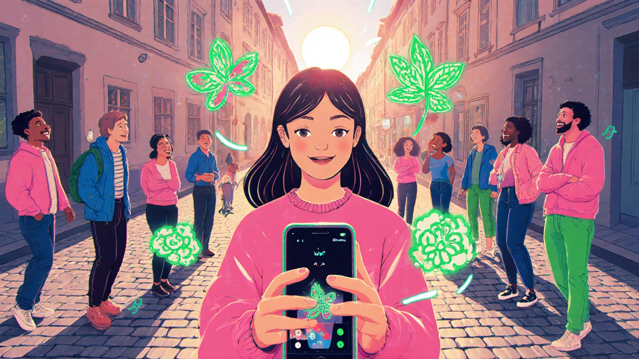 Junge Mikro‑Influencerin startet TikTok‑Challenge mit farbenfrohem AR‑Filter.