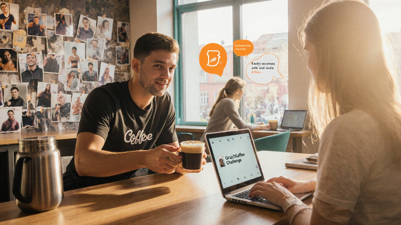 Kaffeehaus in Graz, Jugendliche mit Fitness‑Outfit, Laptop und Instagram‑Hashtag‑Post #GrazKaffeeChallenge.