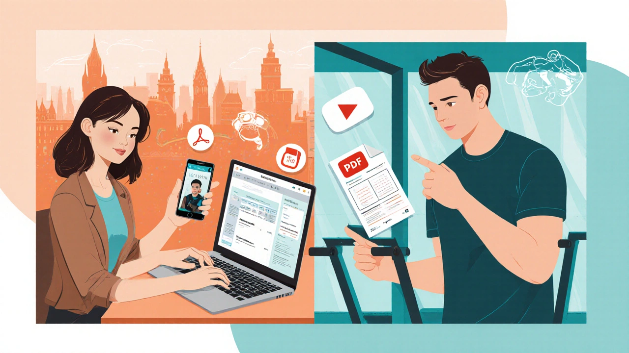 Kollage von Lifestyle‑Bloggerin mit Instagram‑Teaser und Fitness‑Coach mit PDF‑Plan.