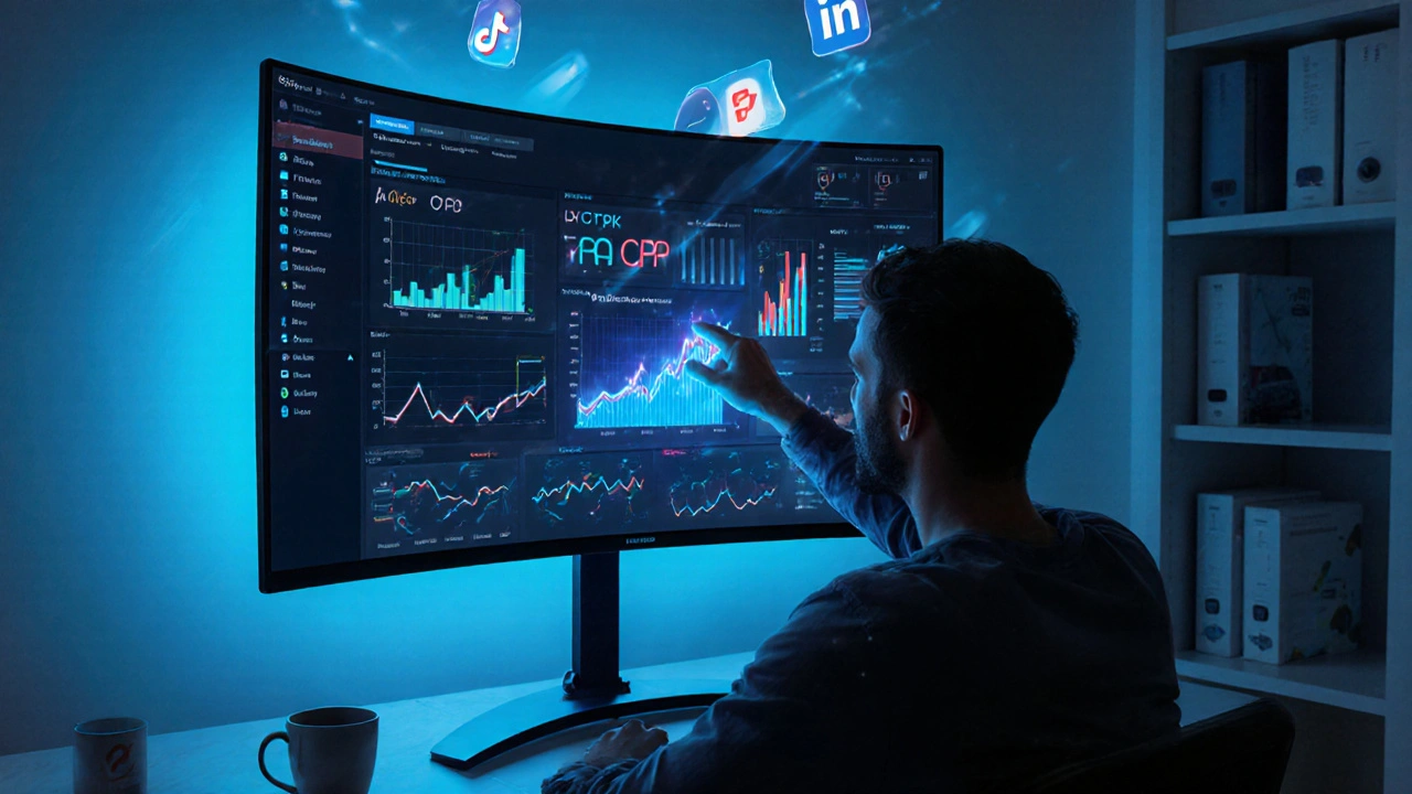 Marketer vor dunklem Dashboard mit wachsenden KPI‑Grafiken, Social‑Media‑Icons im Hintergrund.