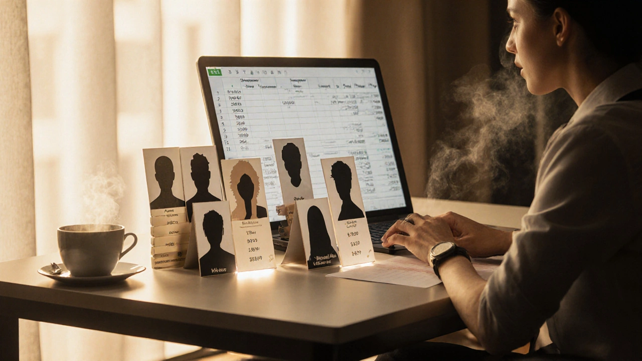 Marketingmanagerin im Büro prüft Influencer‑Profile und Budgetplan auf Schreibtisch.