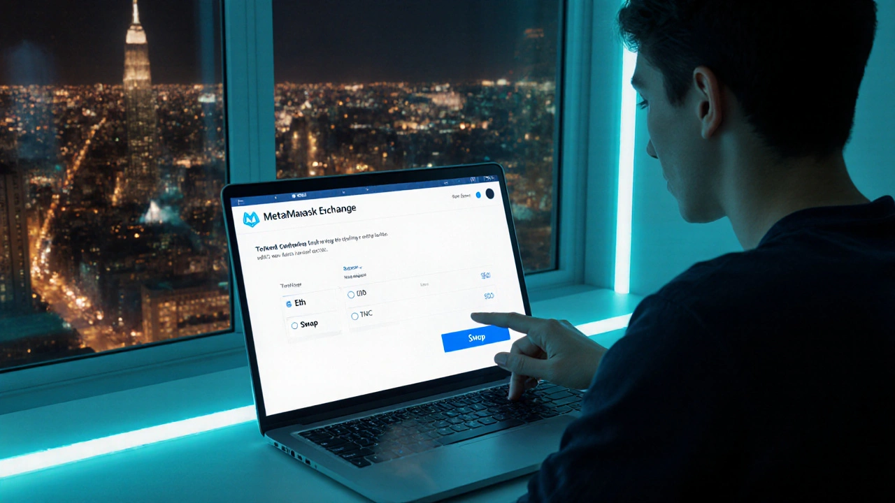 Person führt mit MetaMask einen Token‑Swap auf einer DEX durch, vom Eingeben bis zur Bestätigung im Wallet.
