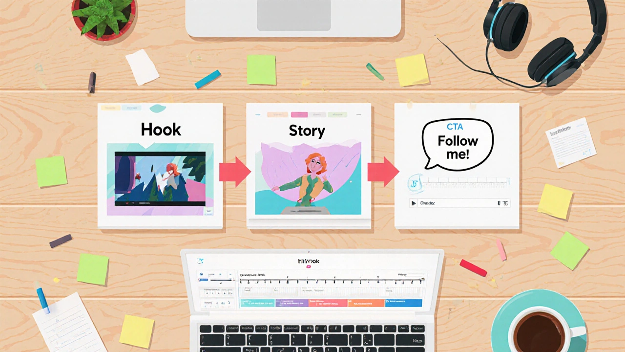 Storyboard‑Arbeitsplatz mit Hook‑Story‑CTA‑Panels und Editing‑Tools.