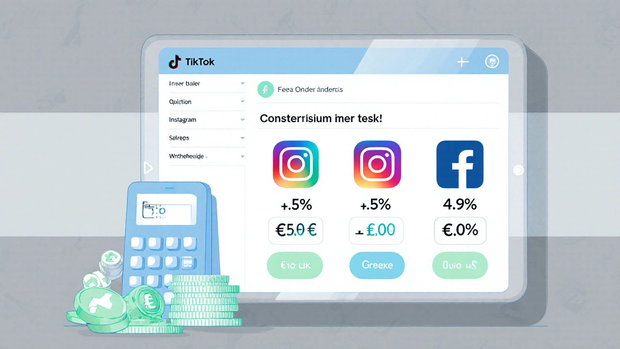 Tablet zeigt Kostenaufstellung für TikTok, Instagram und Facebook Shops mit Symbolen.
