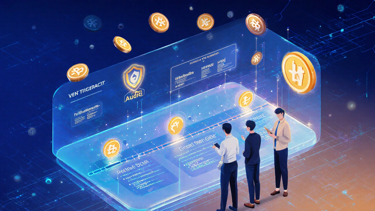 Team prüft holographischen Vesting‑Vertrag, Tokens steigen auf, Audit‑Symbol leuchtet.