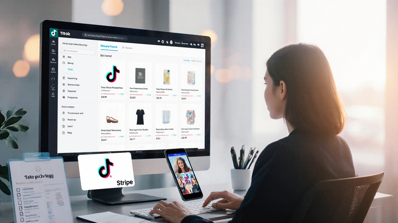 Unternehmer richtet TikTok‑Shop ein, Dashboard, Stripe‑Logo, Produkt‑Upload.