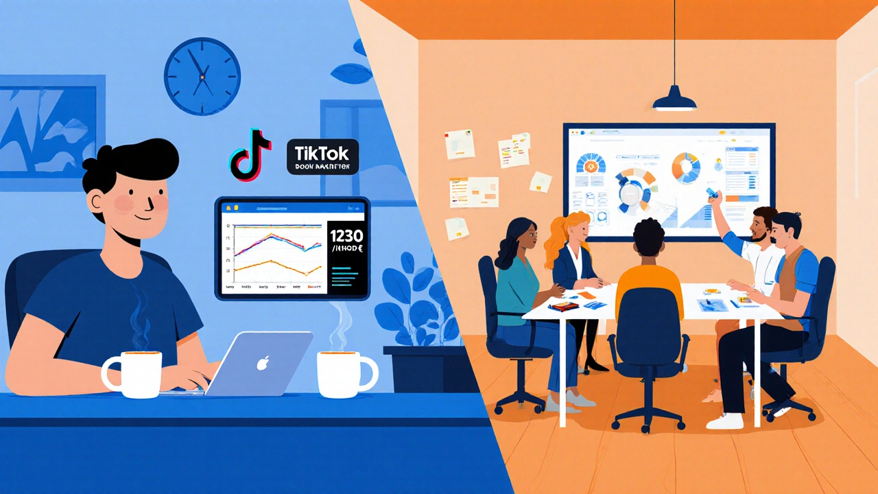 Vergleich: Freelancer im Home‑Office in Graz versus Agenturteam im Konferenzraum in Salzburg mit Preis‑ und Budget‑Details.