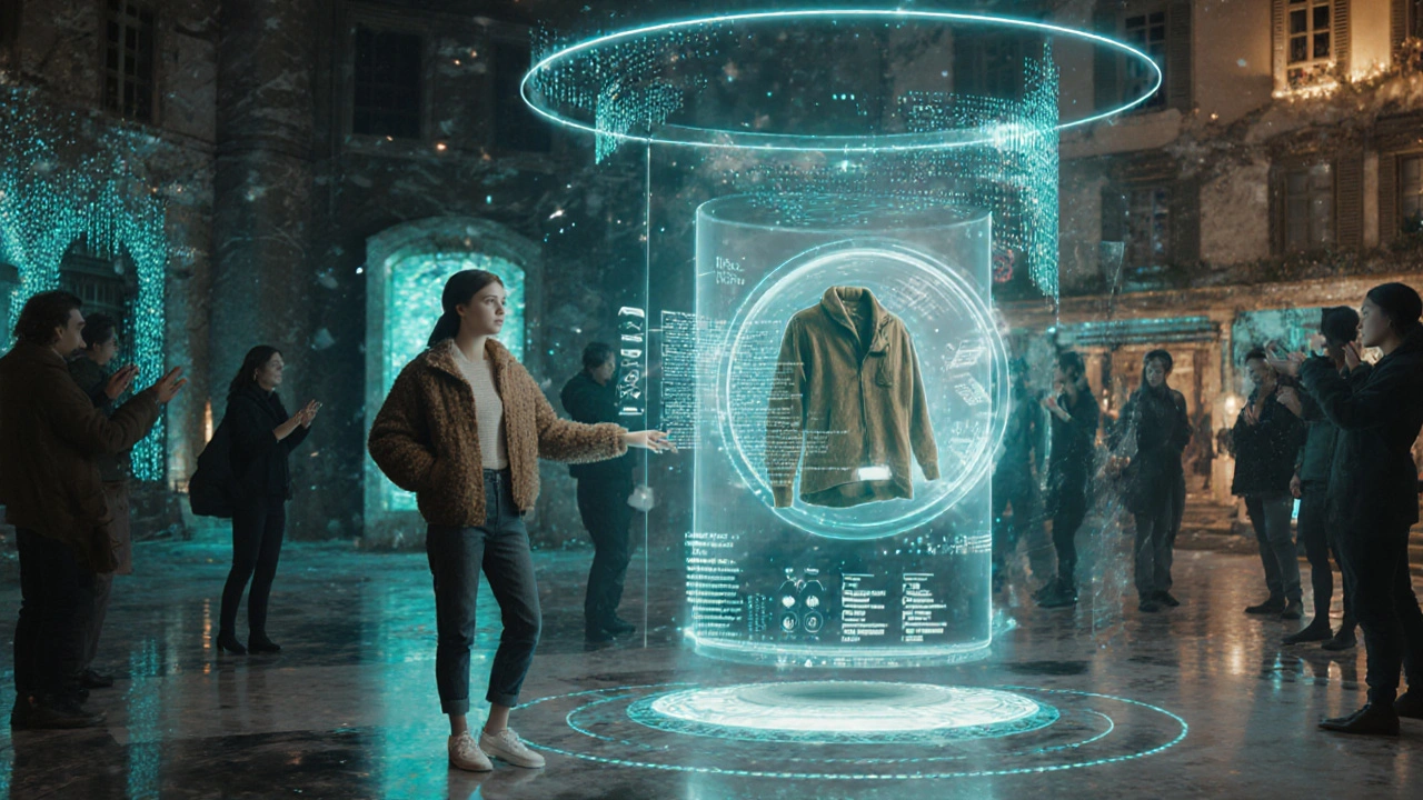 Virtueller Showroom im Metaverse, Influencer präsentiert nachhaltiges Produkt.