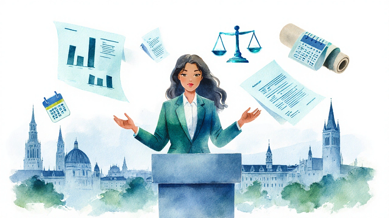 Wasserfarben-Illustration einer Influencerin auf Podium, umgeben von Grafiken, Verträgen und Stadtsilhouetten.