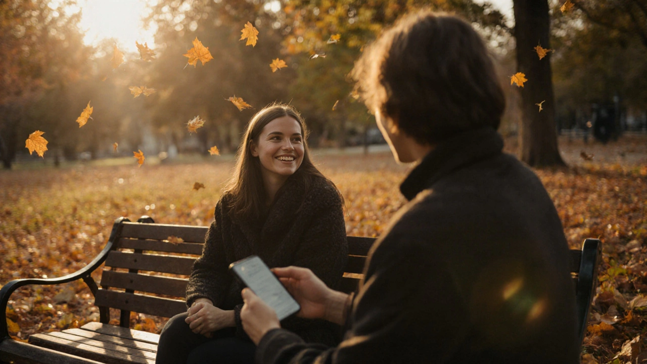 Zwei Menschen sprechen lachend auf einer Parkbank, ohne Handys, im goldenen Abendlicht.