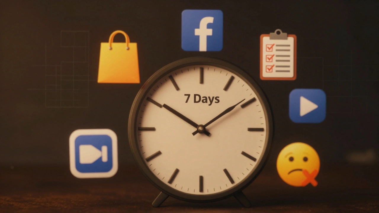 A clock with Facebook logo at its center, pointing to 7 days, surrounded by icons of conversions and fatigue.