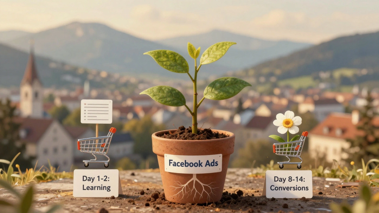 A growing plant labeled 'Facebook Ads' with conversion milestones as blossoms, set in a soft-focus Austrian cityscape.