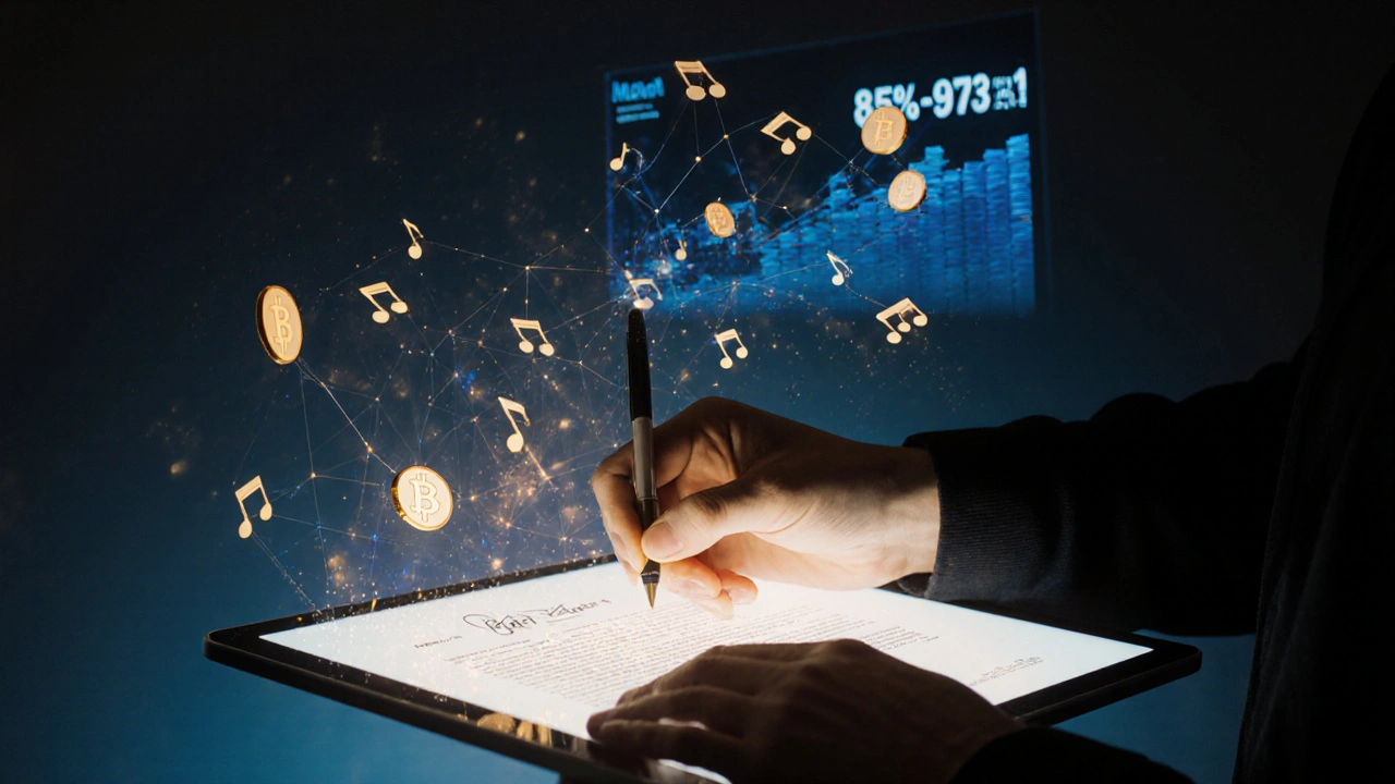 A musician signs a digital contract surrounded by blockchain nodes and royalty flow visuals in golden and blue tones.