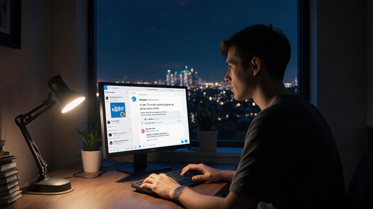 A young developer creating an AI-generated ad campaign from a single Instagram comment at night.