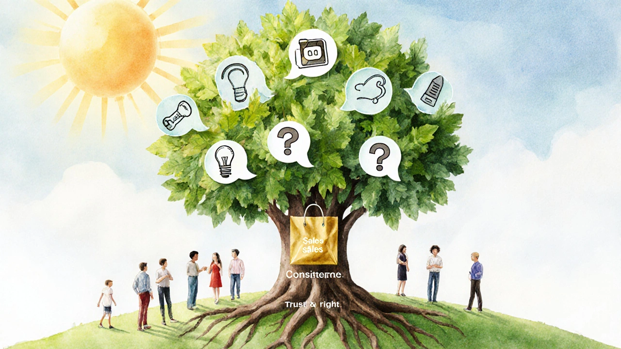 Baum mit 15 Blättern, die die 10-4-1-Strategie visuell darstellen, umgeben von einer wachsenden Community.