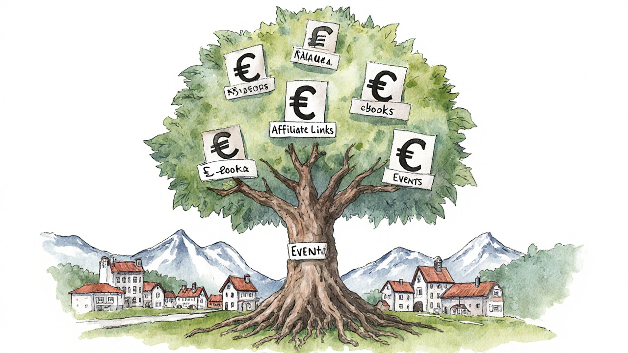 Baum mit Einkommenszweigen aus Instagram-Einnahmen, verankert in Österreichs Landschaft, symbolisiert nachhaltigen Erfolg.
