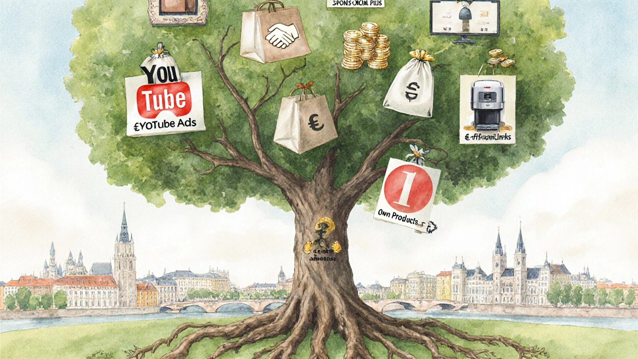 Baum mit verschiedenen Einkommensquellen aus 1 Million YouTube-Klicks: Werbung, Affiliate, Sponsoring und Eigenprodukte.