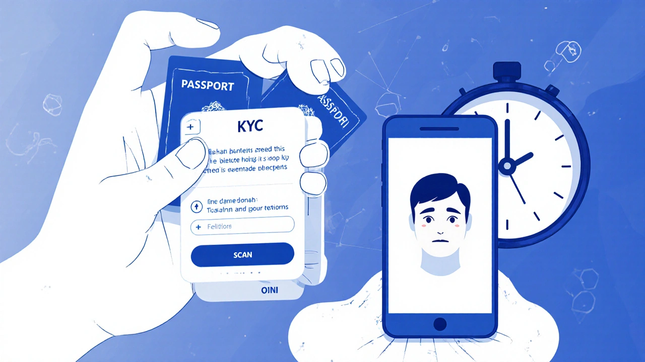 Benutzer führt KYC-Verifizierung durch: hält Ausweis vor Handy mit Gesichtserkennungsanweisung, Uhr zeigt lange Wartezeit an.
