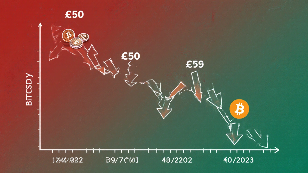 Bitcoin-Preisverlauf mit gleichmäßigen Kaufpfeilen während Crashs, symbolisiert langfristige DCA-Strategie.