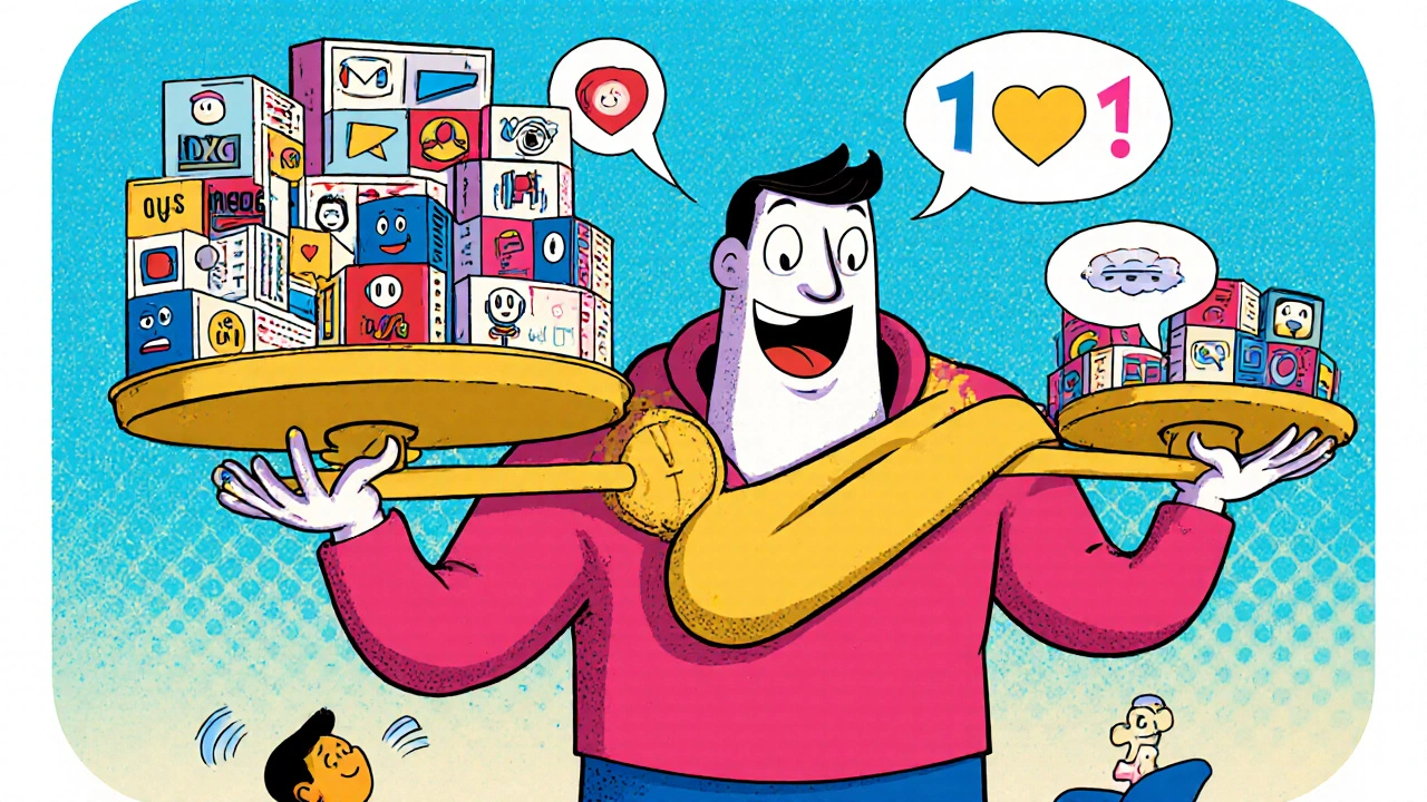 Comic-Stil-Darstellung eines Algorithmus, der Wert, Engagement und Verkauf in Balance hält.