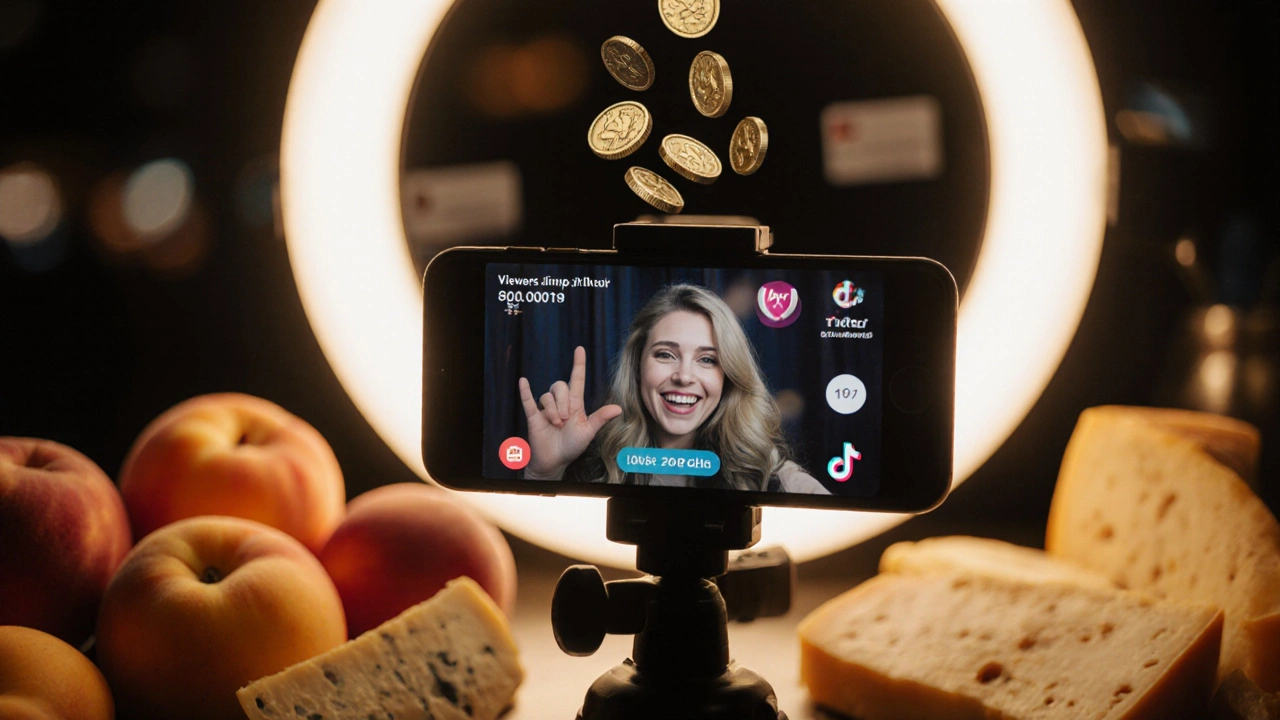 Creator in Linz während eines Live-Streams mit regionalen Produkten und virtuellen Geschenken.