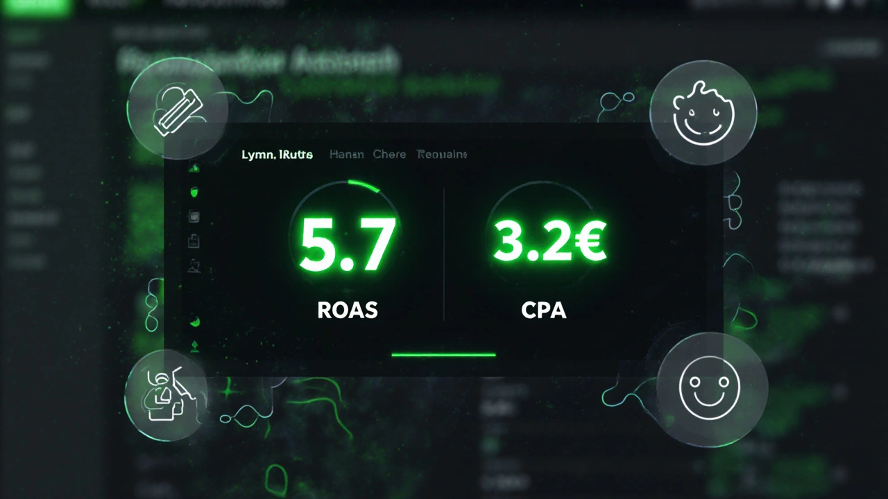 Digitaler Dashboard mit hervorgehobenen Metriken ROAS und Kosten pro Konversion in grün und Weiß.