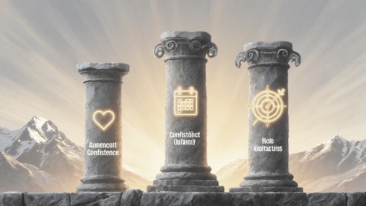 Drei Säulen aus Licht und Stein symbolisieren Authentizität, Konsistenz und Strategie für erfolgreiche Influencer.