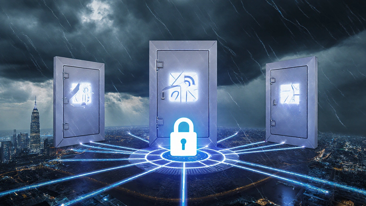 Drei verteilte Sicherheitsbunker, die durch verschlüsselte Verbindungen ein gemeinsames Schlüsselsystem aktivieren.