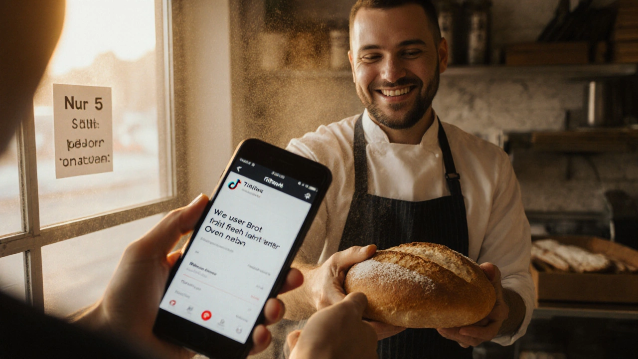 Ein Bäcker in St. Pölten gibt frisches Brot an einen Kunden, während ein TikTok-Reel mit 18 Reservierungen läuft.