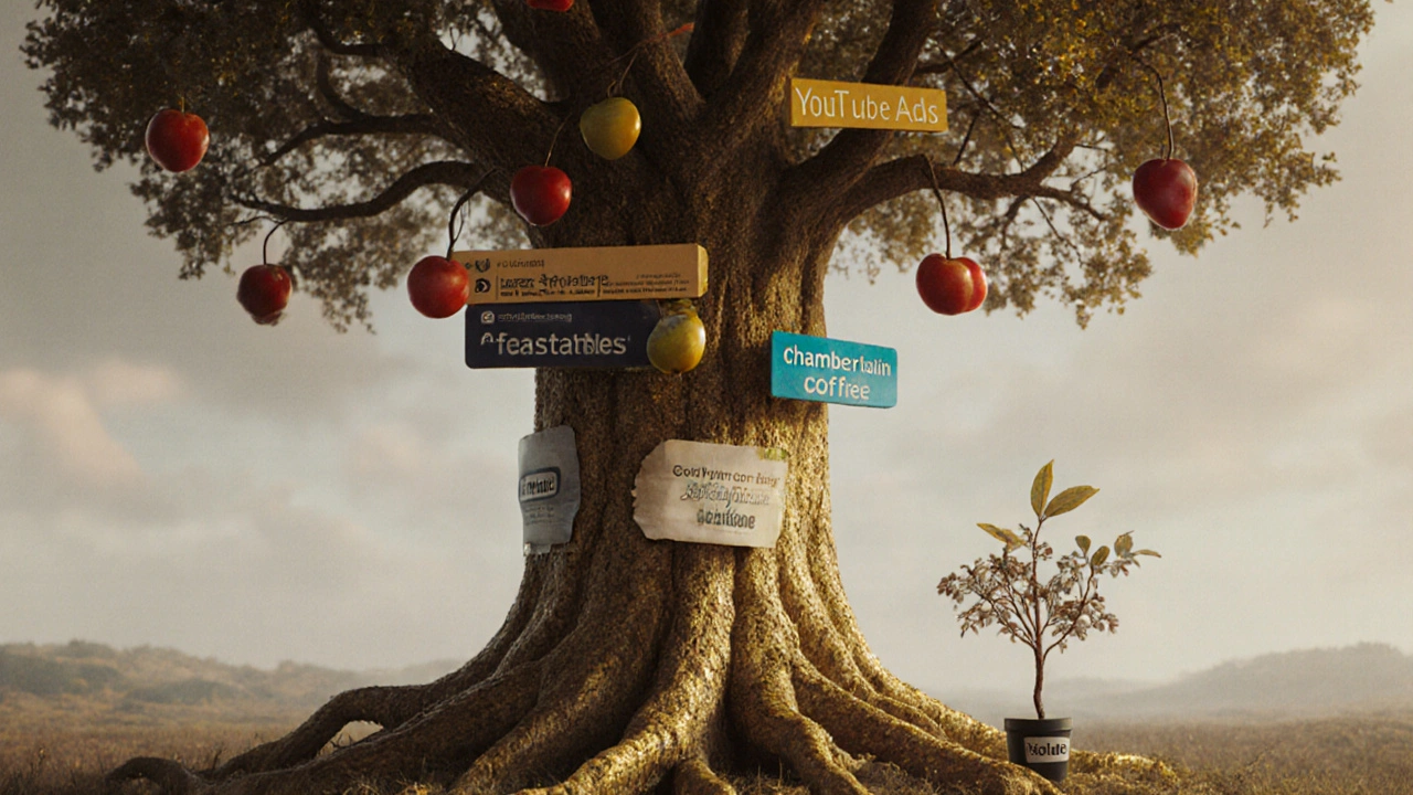 Ein Baum mit Einkommensquellen als Äste, neben ihm ein kleinerer Baum für österreichische Influencer, symbolisch.