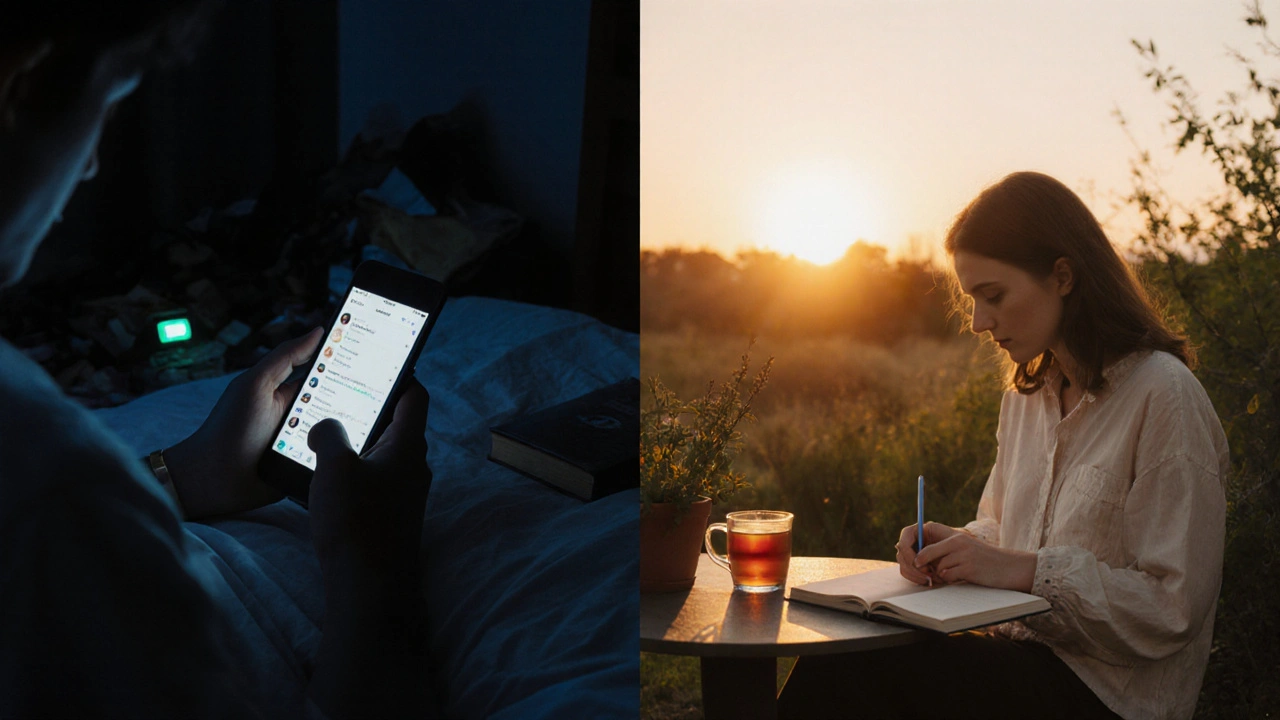 Ein Mensch scrollt abends am Handy im Dunkeln — gegenüber sitzt er friedlich bei Sonnenaufgang mit einem Buch.
