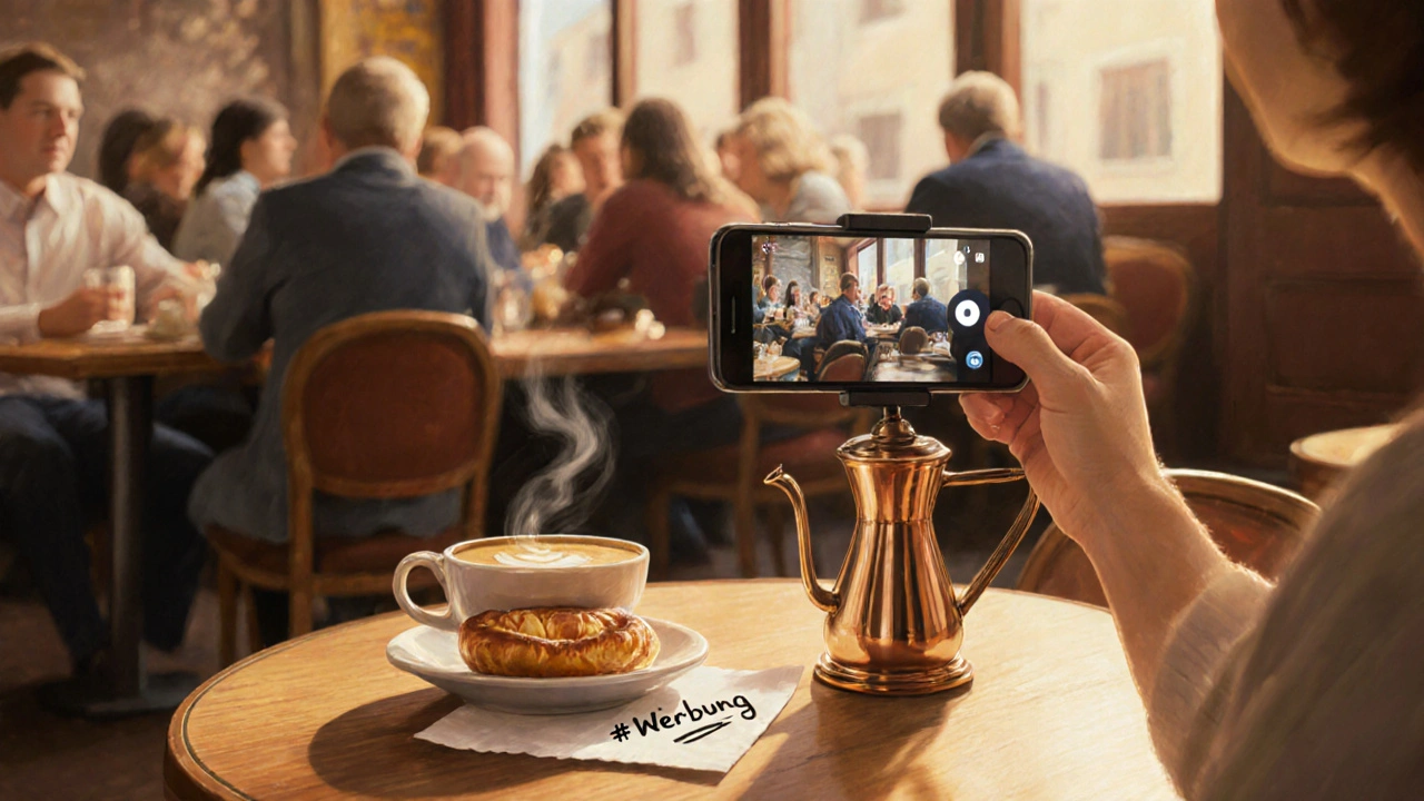 Ein Mikro-Influencer filmt einen authentischen TikTok-Post in einem Wiener Café mit Kaffee und Kuchen.