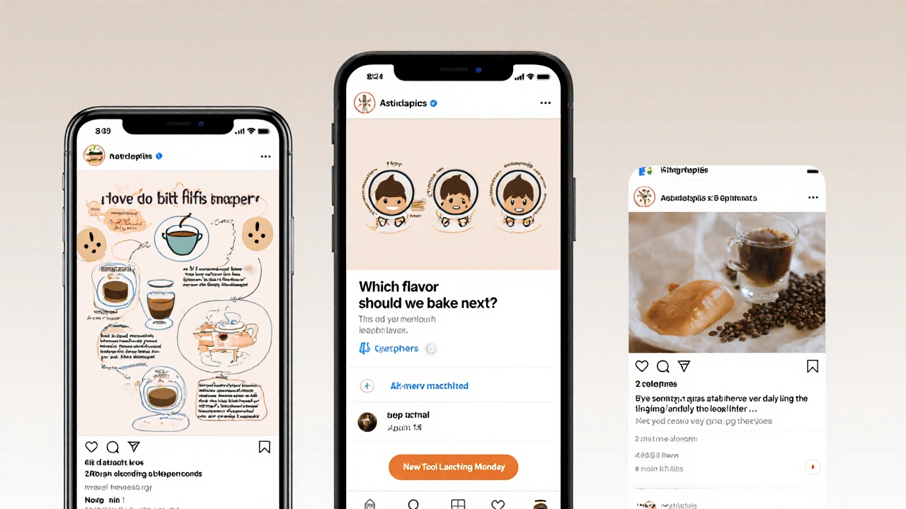 Ein Smartphone mit drei Social-Media-Posts: Lern-Infografik, Umfrage und sanfter Verkaufshinweis.