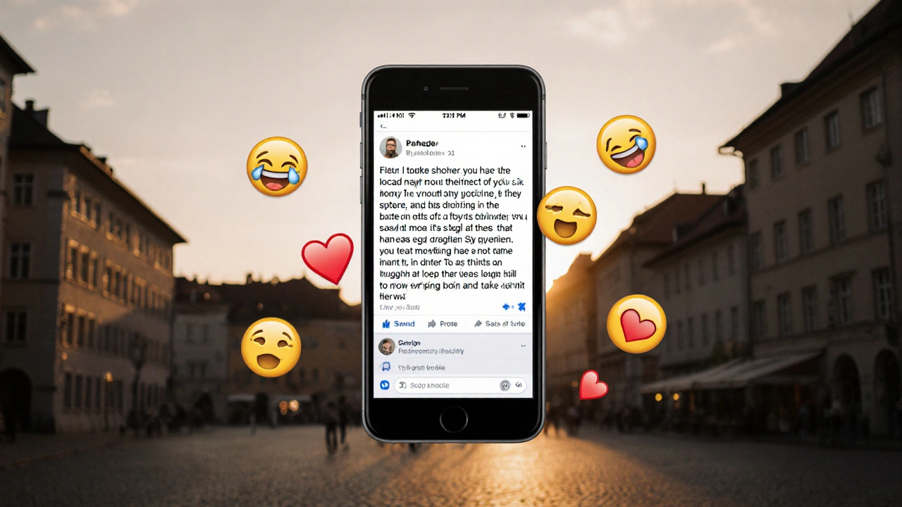 Ein Smartphone zeigt einen emotionalen Facebook-Post mit Herz-, Lach- und Teilen-Emojis, abgeblendetes Stadtbild im Hintergrund.